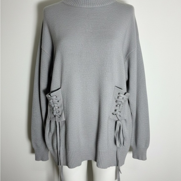 Poof! Sweaters - Poof Gray Corset Side Lace Up Mock Neck Oversized Knit Sweater Women L